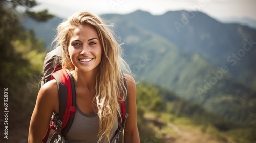 A fit woman hiking up a mountain trail, with a look of determination