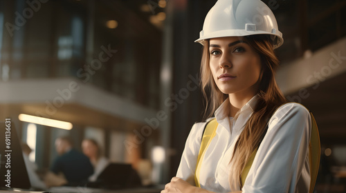 Beautiful young female construction worker or engineer wearing a helmet, standing on a construction site. Pretty architect girl smiling and looking at the camera. Industrial safety,building inspection