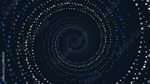 Abstarct spiral dotted round vortex style background in dark blue color This creative background can be presented as a banner or data cycle center.