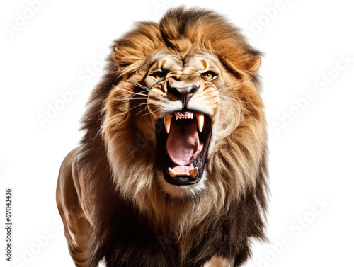 A majestic lion roaring, with detailed focus on the mane and expression, portraying power and wild beauty