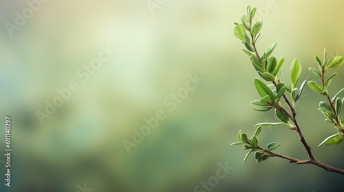 a close up of a tree branch with green leaves on a blurred green and blue background with a blurry image of a tree branch in the middle of the foreground.