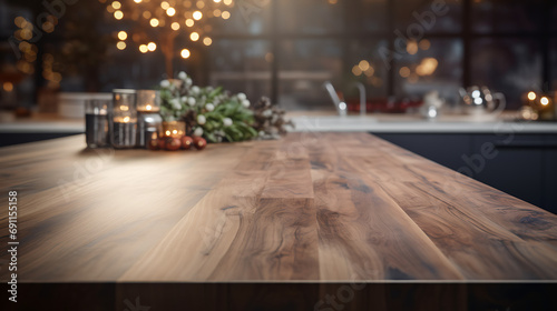 Kitchen wooden worktop with modern kitchen in blurry bokeh background. Wooden table interior design. Luxury kitchen