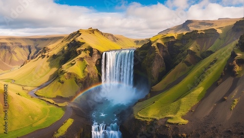 Drone shot of skgafoss waterfall forming beautiful rainbow, Icelandic landscape with Nordic nature. Spectacular Scandinavian cascade flowing down off of cliffs, panoramic view
