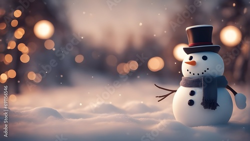 Winter holiday christmas background - Closeup of cute funny laughing snowman with hat and scarf, on snowscape with bokeh lights.
