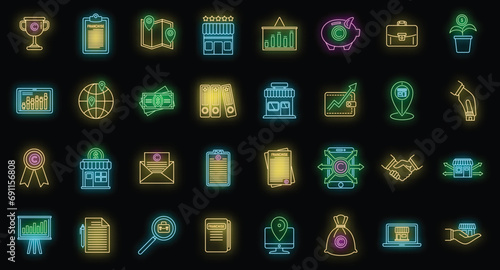 Franchise store icons set. Outline set of franchise store vector icons neon color on black