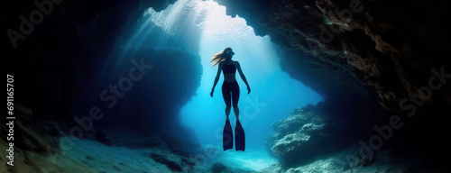 A female free diver with fins is silhouetted against the sunlight filtering through an underwater cave.