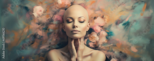 Beautiful young thin woman with shaved head after anticancer chemotherapy on colorful painted background. World Cancer Day Banner of poster of art therapy. Copy space