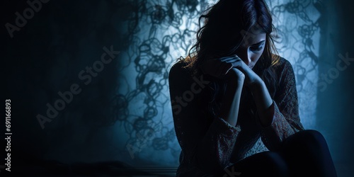 Silhouette of depressed, scared, sad woman with waving hair, back light.