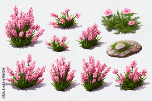 Game assets of pink flower bushes and features 3d cartoon clipart isolated on white transparent background