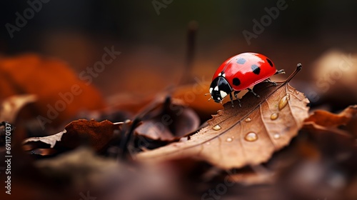 In the autumn, a ladybug can be seen on fallen leaves in a blurry background with a cloudy day.
