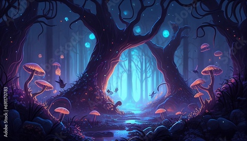 A fantasy book cover featuring a magical forest at night, with glowing mushrooms and mythical creatures hidden among the trees.