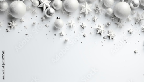 Festive christmas decorations on white background, top view mockup for text placement