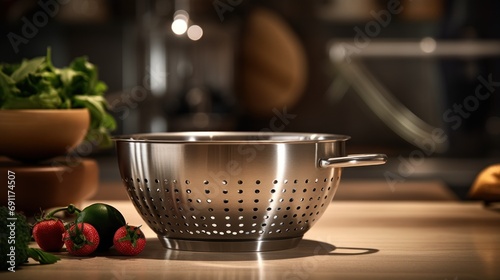  a metal colander sitting on top of a wooden table next to a bowl of broccoli and a bowl of strawberries and a bowl of strawberries.