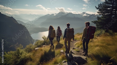 Group of hikers with backpacks trekking in mountainous terrain, enjoying panoramic views under a clear sky.