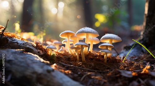 An up-close and personal view of mushrooms in a pine forest plantation located in tokai forest, cape town, south africa.