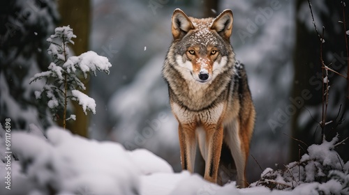 A forest filled with snow and trees is home to a red wolf.