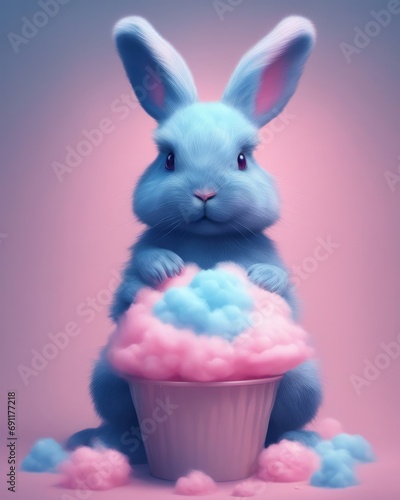Blue hare made of airy cotton candy on a pink background