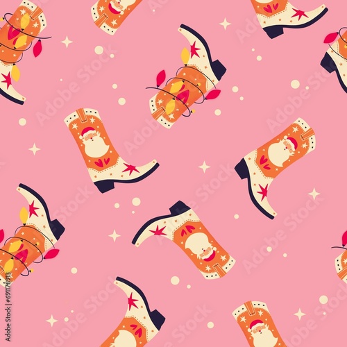 Christmas cowboy boots with Santa Claus and Christmas lights on pink background, seamless pattern. Cute festive winter holiday illustration. Bright colorful design.