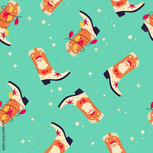 Christmas cowboy boots with Santa Claus and Christmas lights on mint background, seamless pattern. Cute festive winter holiday illustration. Bright colorful design.