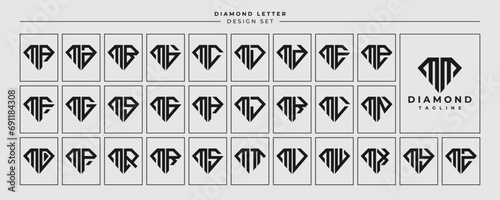 Line jewelry diamond letter M MM logo design set