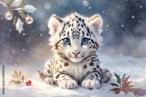 adorable, cute, funny, soft wild baby snow leopard in watercolor with big eyes 