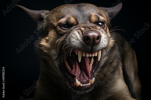 Aggressive dog baring teeth and growling in defensive stance.