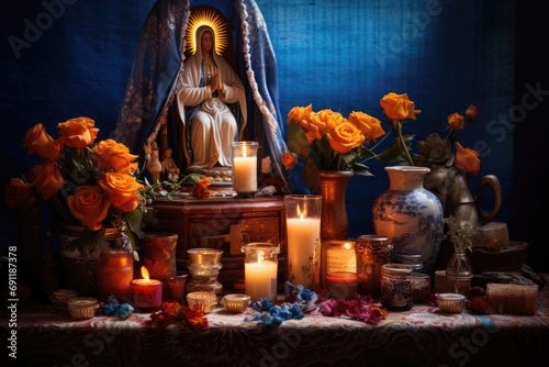Christian altar with Virgin Mary statue decorated with flowers and candles. Las Posadas, Assumption, Solemnity, Visitation, Nativity of blessed Virgin mary celebration