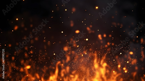 Fire embers particles over black background. Fire sparks background. Abstract dark glitter fire particles lights.