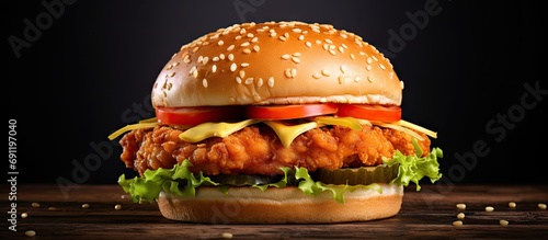 Close up on crispy chicken burger with lettuce and tomato. Copy space image. Place for adding text