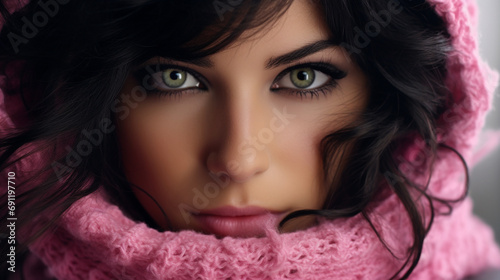 a beautiful woman with wonderful eyes, wearing a pink ski mask, beautiful black wavy hair, warmcore, cute and dreamy, eye catching