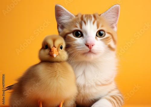  a young cat and duckling snuggled together, friends, with orange overtones in a square format in a togetherness-themed, photorealistic illustration in JPG. Generative ai