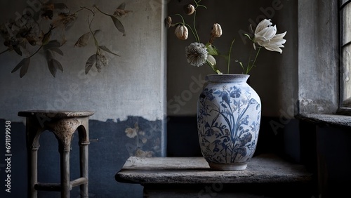a still-life painting of a Dutch Delft vase with flowers with a very simple background in a horizontal format in a still-life floral-themed, photorealistic illustration in JPG. Generative ai