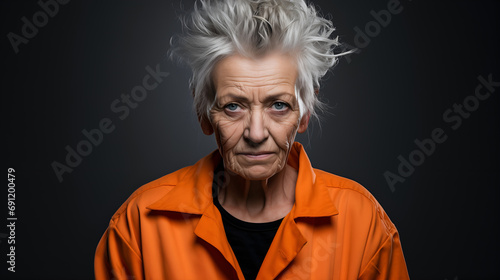 Aging woman prisoner in orange, intense gaze and stern expression