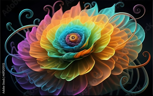 Rainbow colored swirling smoke flower, 3D rendering, photograph, reasonable technique, foundation with painting.