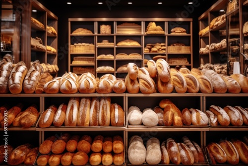 A variety of freshly baked bread on display in a bakery or in a supermarket. This image can be used for food and baking related content. Ideal for food blog, advertising, bakehouse, cafe, store.