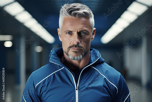 hombre de más de cincuenta años dueño y entrenador de un gimnasio vistiendo ropa deportiva azul, sobre fondo desenfocado de un gimnasio vacío