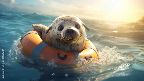 Ein süße kleine Robbe auf dem Meer in einem Rettungsring. Cartoon-Stil.