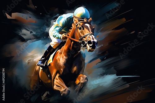 Horse racing at night. Digital illustration of thoroughbred and jockey