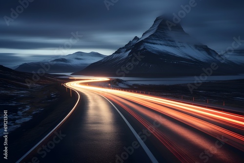 a highway road with cars moving fast with motion blur between snowy mountains