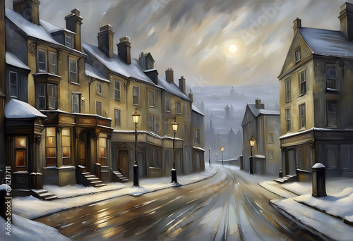 street view of an old fashioned english northern town in winter at twilight with old stone houses and shop buildings covered in snow