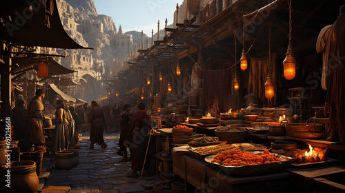 ancient Byzantine market bustling with merchants