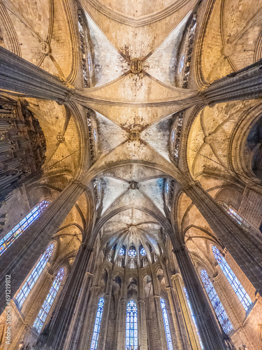 Interior the historic Barcelona Cathedral, also known as the Cathedral of the Holy Cross and Sait Eulalia. The cathedral is located in the Gothic Quarter of Barcelona, Spain