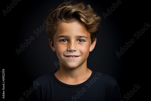 Portrait of a smiling boy on a black background. Studio shot.