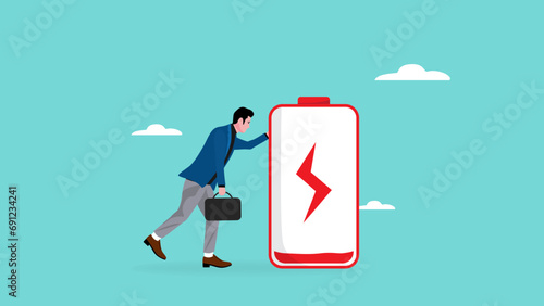 tired business people illustration with the concept of a businessman holding on to a battery whose power is almost empty, tired businessman with low battery vector illustration, low battery concept