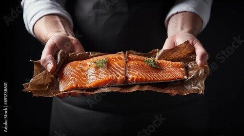 The big salmon is in the hands of the experienced Japanese chef. Salmon fillet for sashimi and sushi.