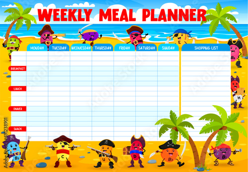 Weekly meal planner with cartoon vitamin and micronutrient pirate or corsair characters, vector diet plan. Healthy nutrition weekly timetable or meal menu organizer with vitamin pirate sailors