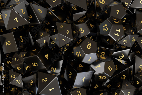 Black dice in the shape of regular polyhedrons. Background. 3d illustration.