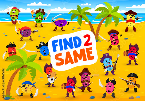 Find two same cartoon vitamin and micronutrient pirate or corsair characters, vector puzzle. Kid game quiz worksheet with vitamin B1 in pirate hat, sodium filibuster or potassium micronutrient sailor