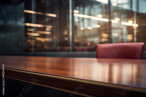 Polished empty conference table close-up, the interior of a professional office space with a backdrop of modern office equipment and a subtle touch of event decor.