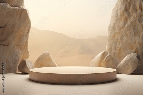 Round stone podium with rock mountain background. Can be used for display your product